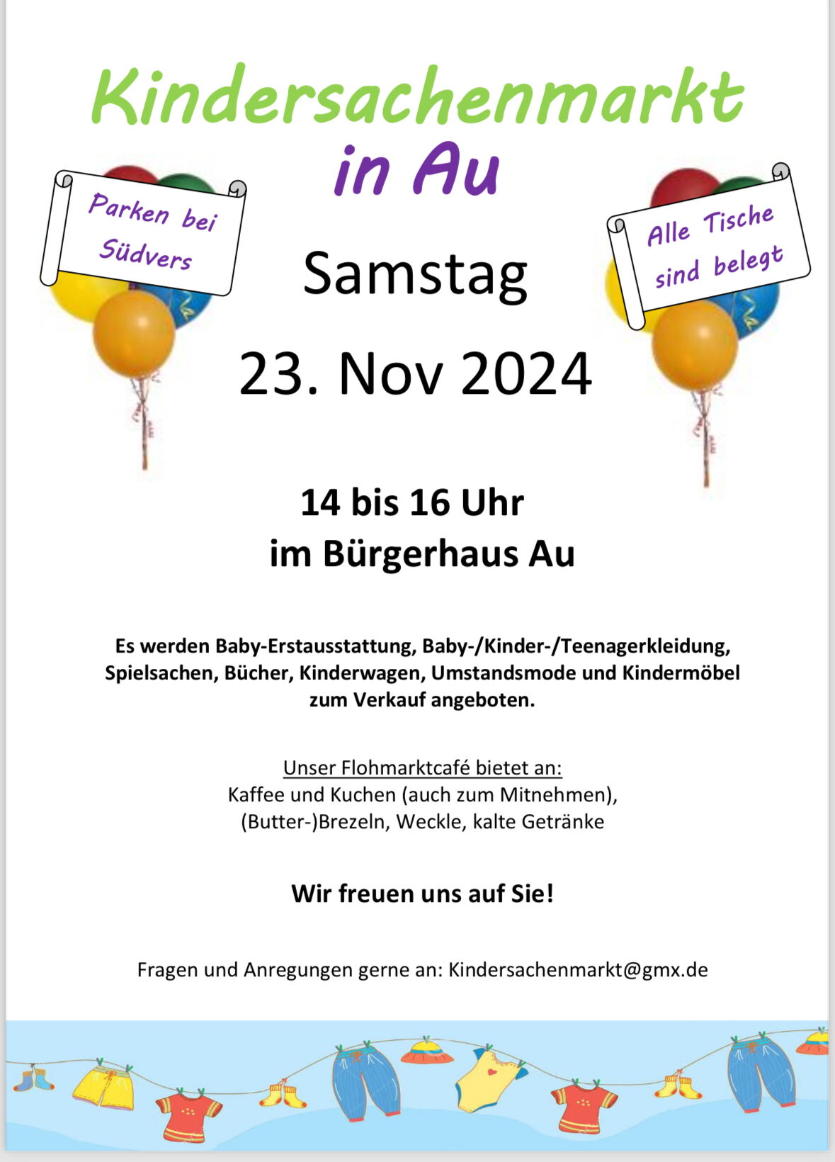 Flyer Kindersachenflohmarkt am 23. November 2024 im Bürgerhaus Au