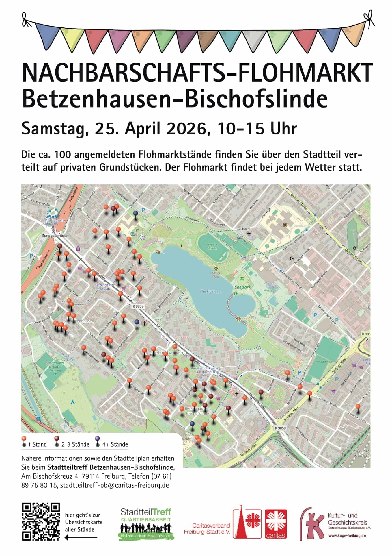 Plakat mit Übersichtskarte der Stände zum Nachbarschaftsflohmarkt Freiburg Betzenhausen 2026