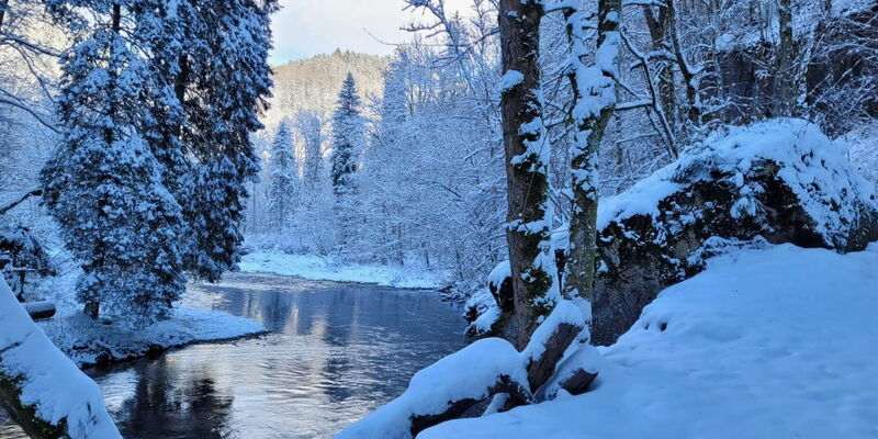 Fluss Wutach in der Wutachschlucht im Winter bei Schnee