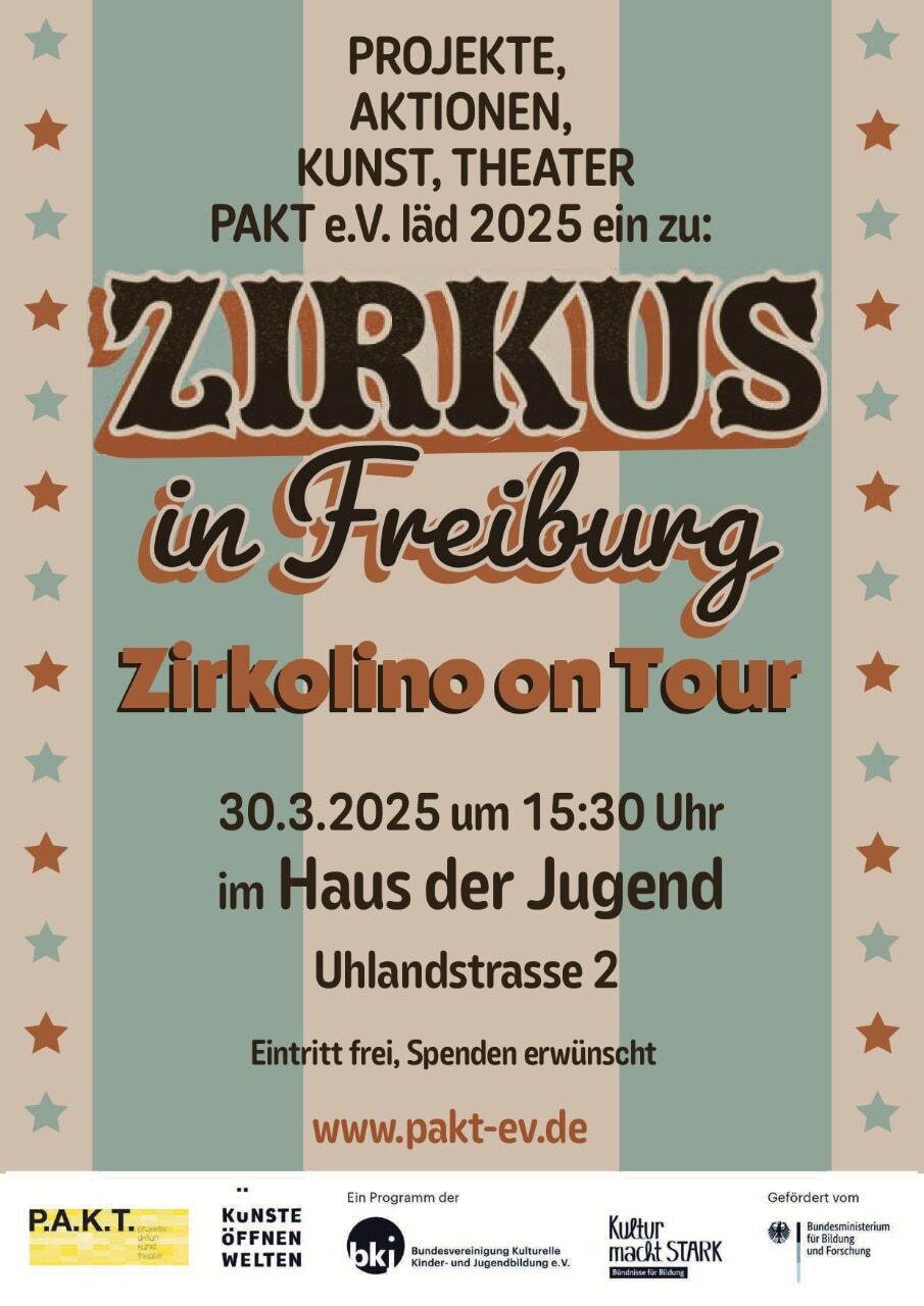 Flyer Zirkus Zirkolino am 30. März 2025 im Haus der Jugend Freiburg