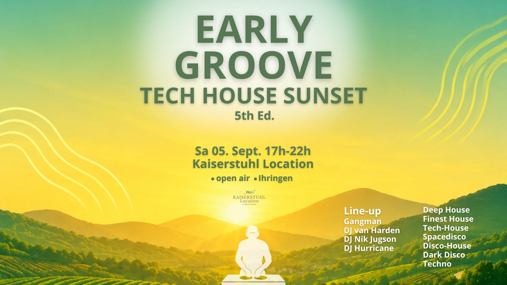 Flyer Early Groove Tech House Sunset Party am 05. September 2026 in der Kaiserstuhl Location Ihringen