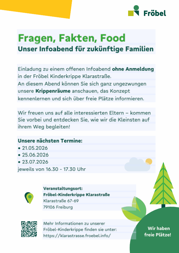 Flyer zum offenen Infoabend der Fröbel Kinderkrippe Klarastraße in Freiburg am 21.05.2026 / 25.06.2026 / 23.07.2026 mit Informationen zu Räumen, Konzept und freien Plätzen.