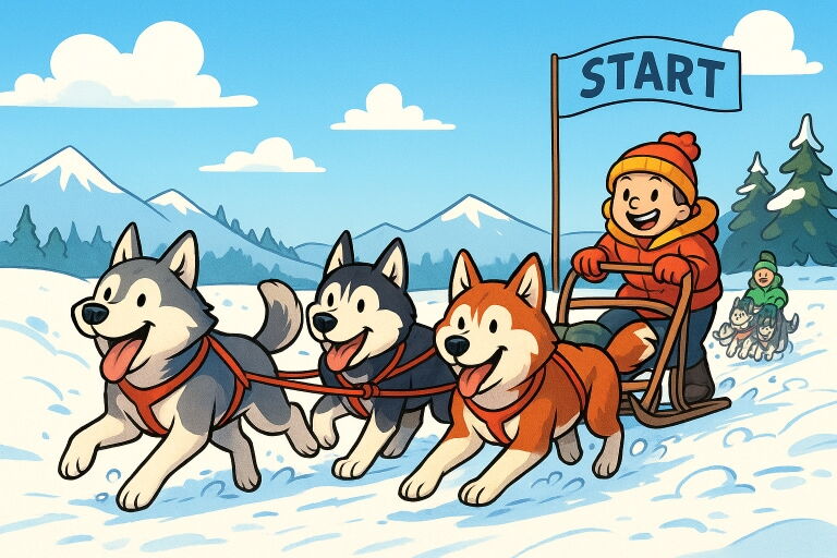 Buntes Comicbild eines Schlittenhunderennens, bei dem mehrere Huskys mit heraushängenden Zungen einen Schlitten über den Schnee ziehen, während der Fahrer warm eingepackt hinter ihnen steht und eine winterliche Berglandschaft zu sehen ist.