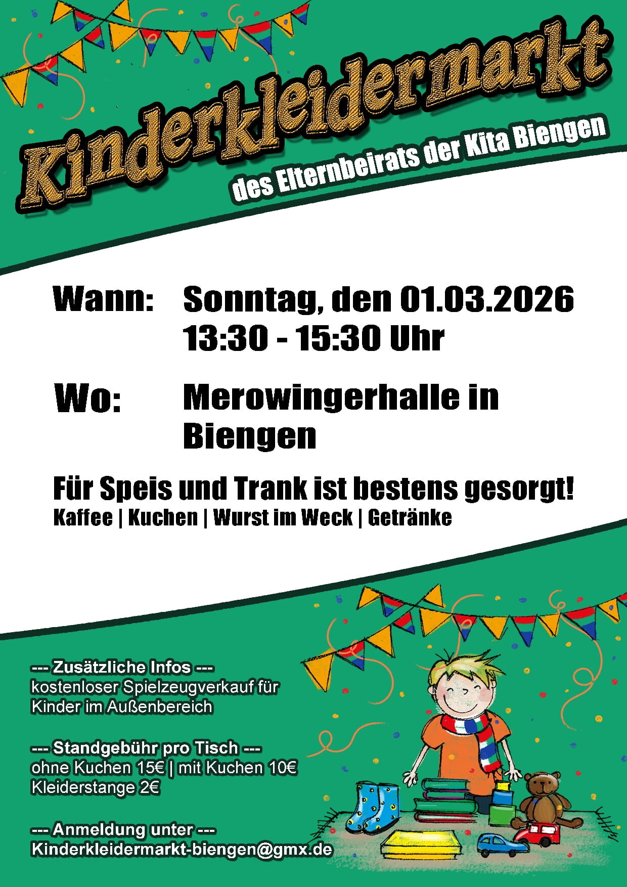 Flyer zum Kinderkleidermarkt des Elternbeirats der Kita Biengen am 01.03.2026 in der Merowingerhalle Biengen mit Informationen zu Uhrzeit, Ort, Verpflegung und Standgebühren.