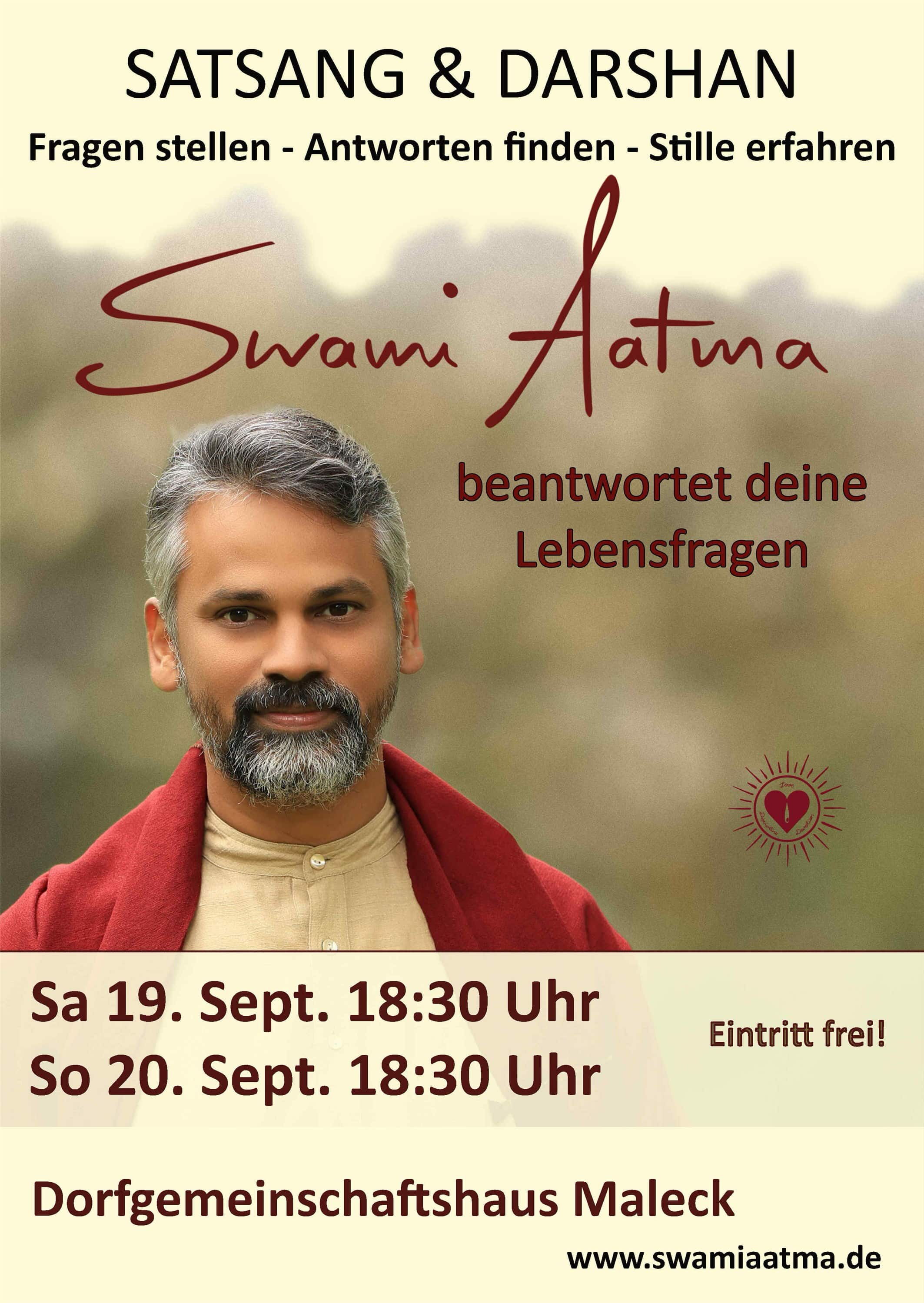 Plakat mit Bild von Swami Aatma und Terminen für das Dorfgemeinschaftshaus Maleck (Emmendinen)