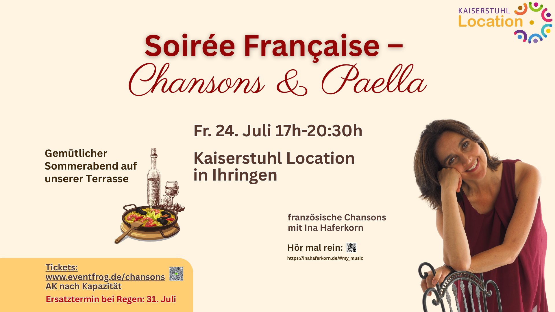 Flyer zur Soirée Française am Kaiserstuhl: Französische Chansons live mit Gitarre, mediterrane Paella auf der Terrasse, Sommerabend am 24. Juli 2026 in Ihringen.