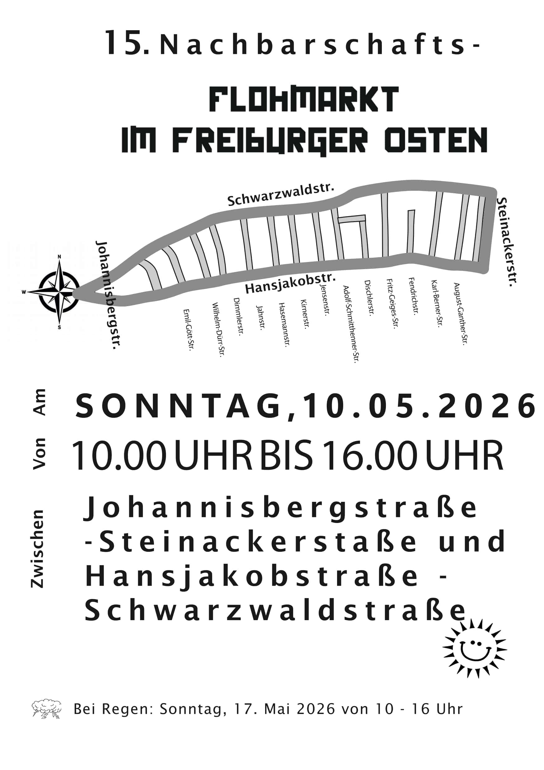 Flyer zum 15. Nachbarschaftsflohmarkt im Freiburger Osten am 10. Mai 2026